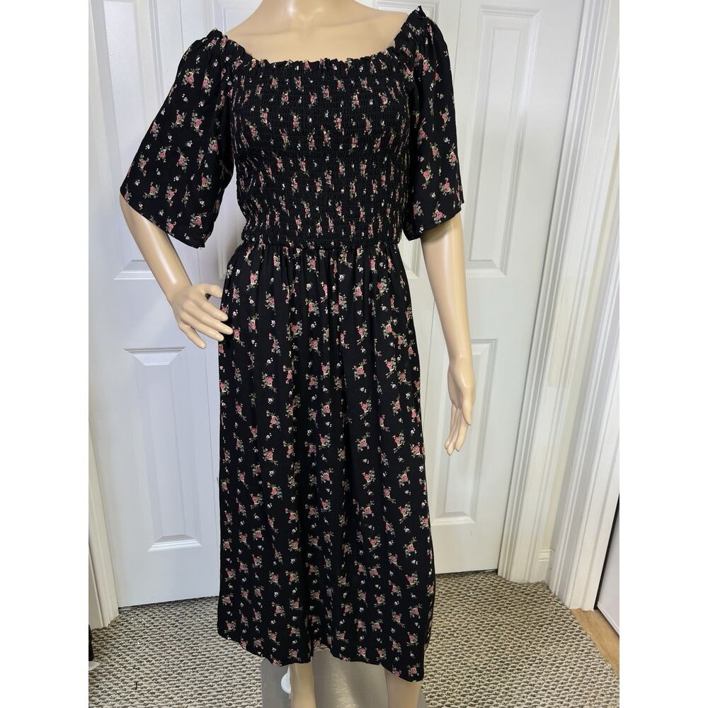 Topshop Black Floral Smocked Midi Dress Women’s Puff Sleeve Cottagecore, Sz 4